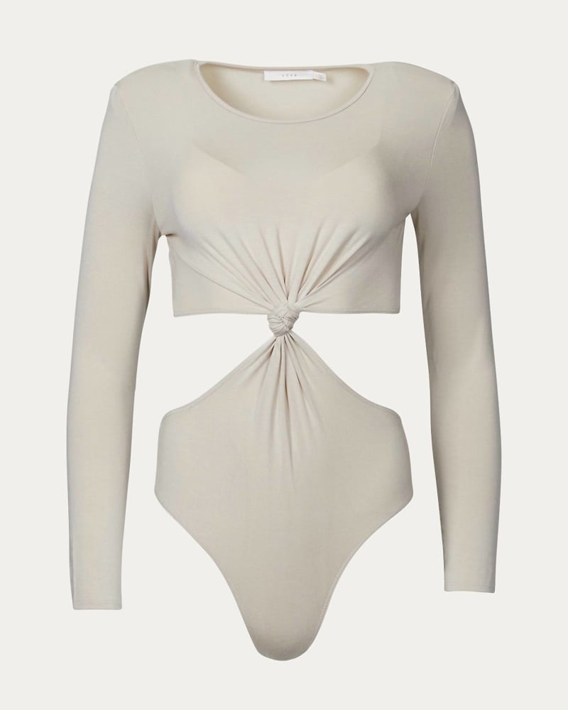 Front of a size L Strong-Shoulder Cutout Bodysuit in Fog in Fog by LUSH. | dia_product_style_image_id:347005